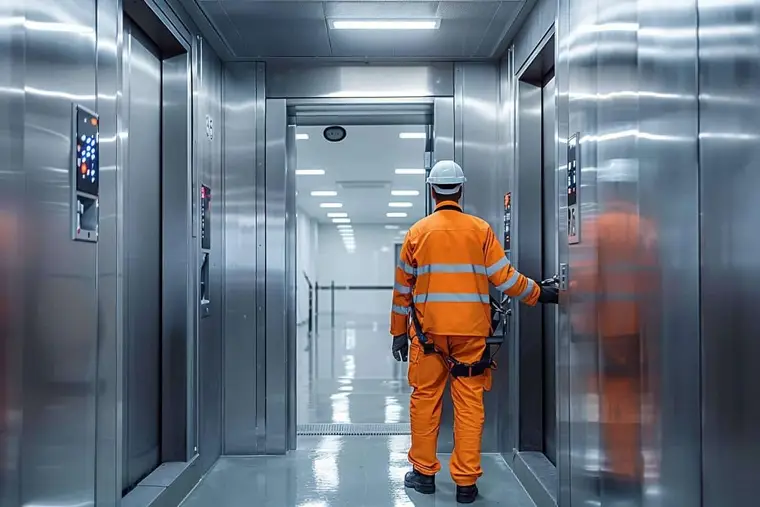 Technicien et gestionnaire devant un ascenseur d’immeuble en entretien