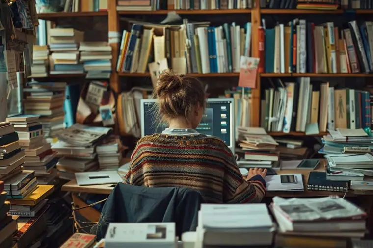 Visiteur comparant un livre d’art et des ressources numériques en bibliothèque