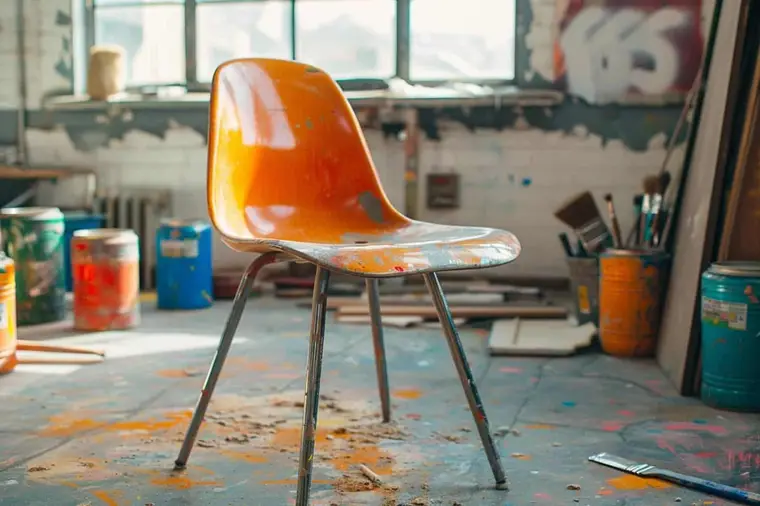 Personne repeignant l’assise démontée d’une chaise vintage en stratifié
