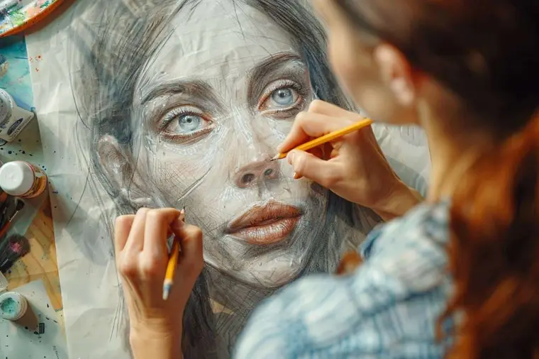 Main dessinant un portrait au crayon avec axes de construction visibles
