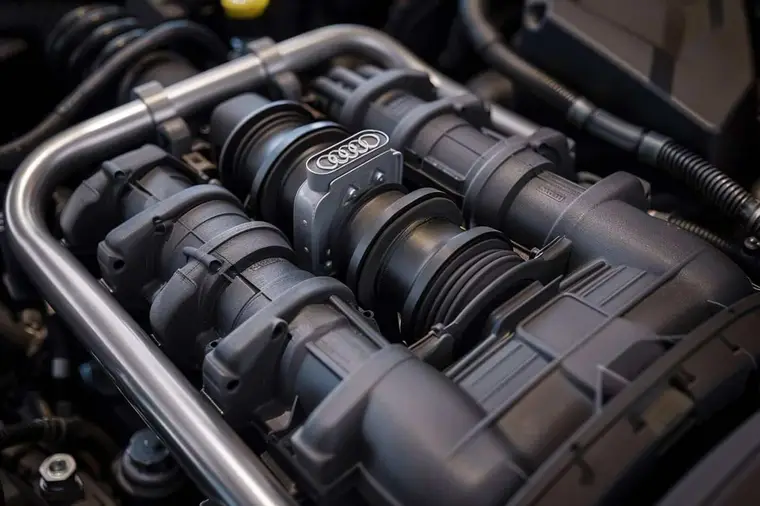 Mécanicien contrôlant une vanne EGR déposée près d’un moteur compact