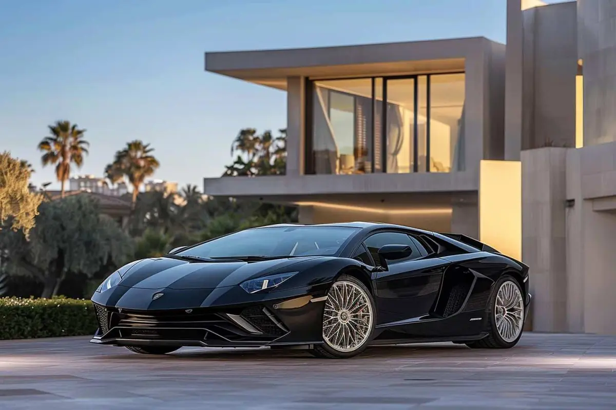 Supercar noire à moteur V12 garée sur un col de montagne