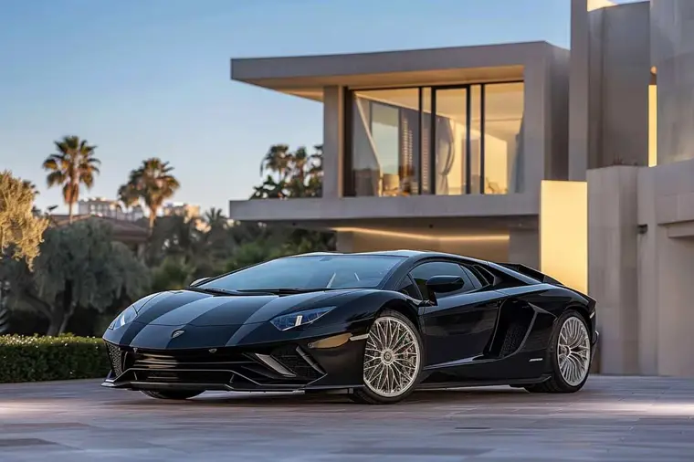 Supercar noire à moteur V12 garée sur un col de montagne