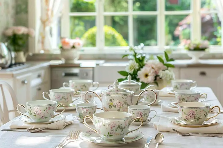 Table de tea time avec théière, tasses, scones et fleurs fraîches