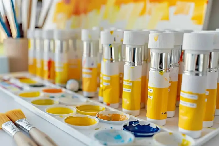 Artiste mélangeant plusieurs nuances de jaune sur une palette blanche propre
