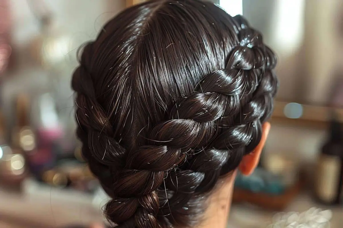Mains réalisant une tresse collée sur des cheveux châtains démêlés