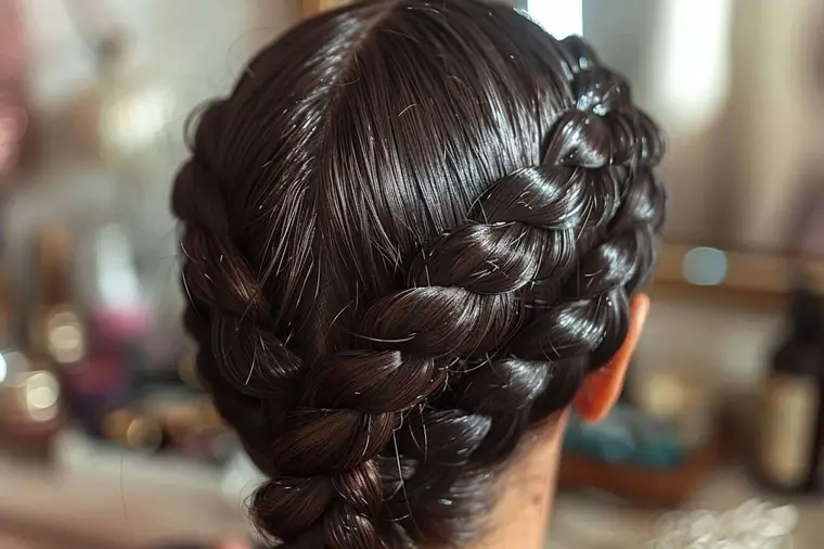 Mains réalisant une tresse collée sur des cheveux châtains démêlés