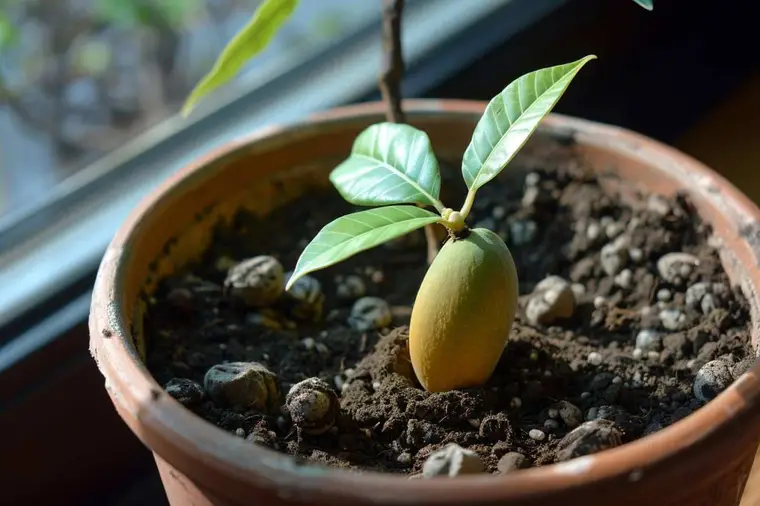 Graine de mangue installée dans un pot de terreau drainant près d’une fenêtre