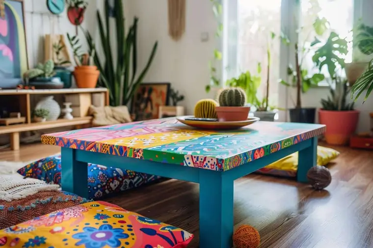 Personne repeignant le plateau d’une table basse dans un salon lumineux