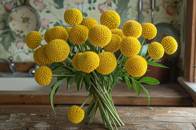 Bouquet de craspedias jaunes et eucalyptus assemblé sur une table en bois