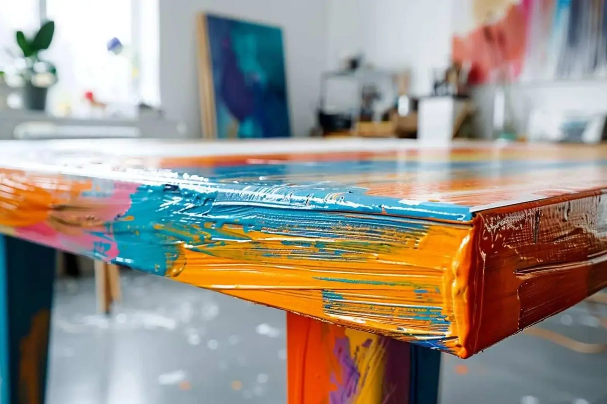 Personne appliquant de la peinture verte sur un meuble en Formica préparé