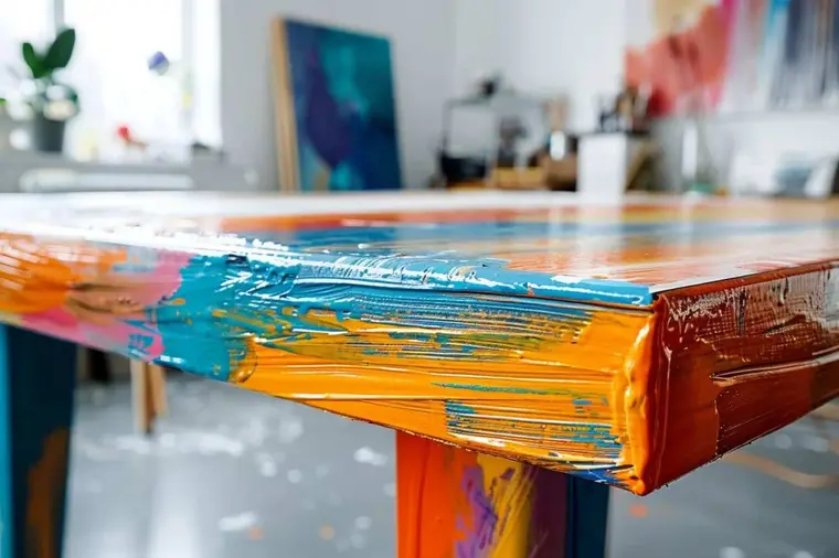 Personne appliquant de la peinture verte sur un meuble en Formica préparé
