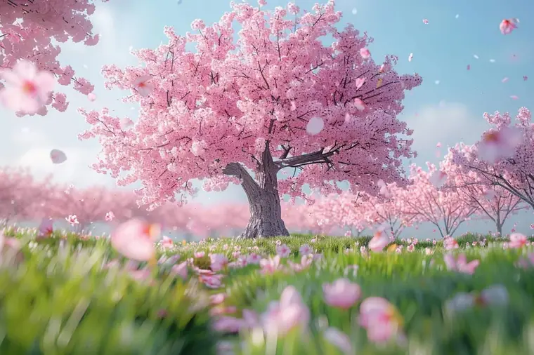 Pommier d’ornement en fleurs dans un jardin public au printemps