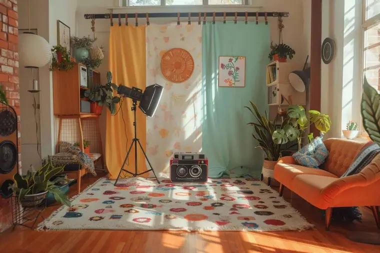 Cadre photo instantané géant devant un fond décoré et un smartphone sur trépied