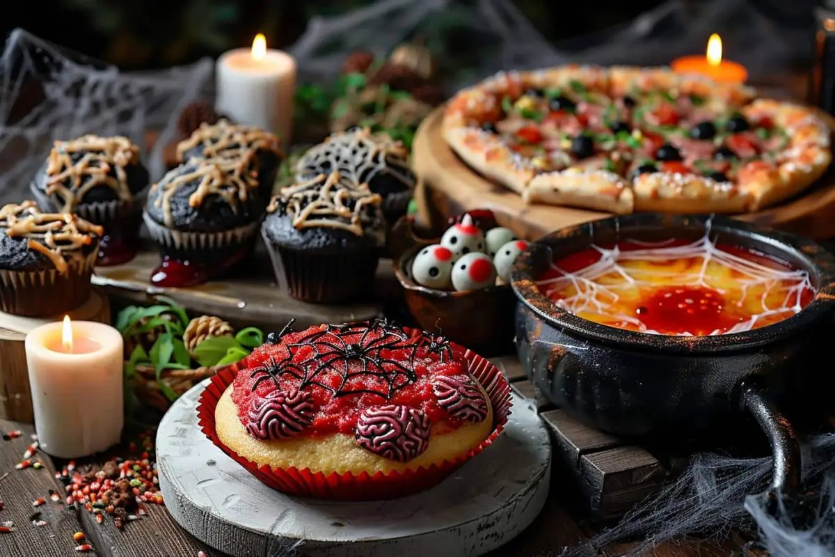 Table d’Halloween avec chili, momies feuilletées et brownie décoré