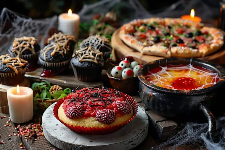 Table d’Halloween avec chili, momies feuilletées et brownie décoré
