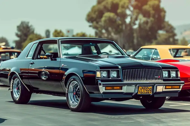 Coupé américain noir turbocompressé stationné devant un garage au crépuscule