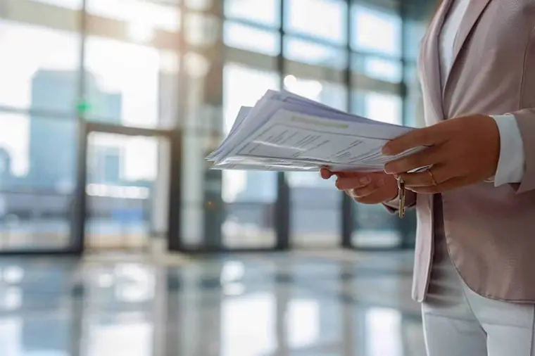 Professionnelle de l’immobilier préparant un dossier administratif sur un bureau