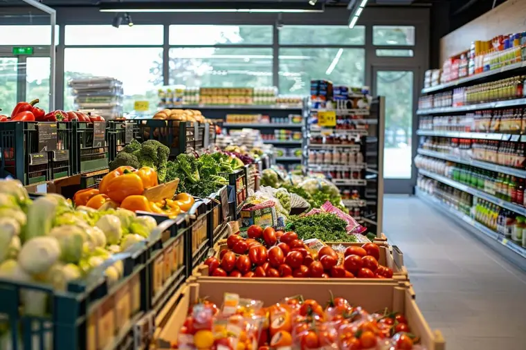 Cliente comparant les prix au kilo dans un rayon de supermarché