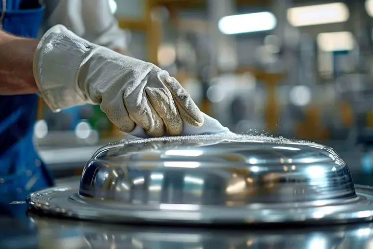 Personne polissant à la main une plaque d’aluminium maintenue sur un établi