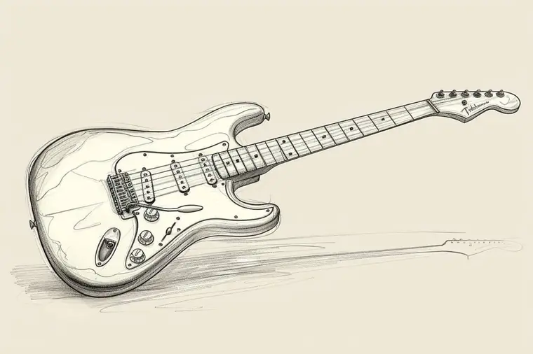 Main dessinant une guitare acoustique au crayon sur un carnet blanc