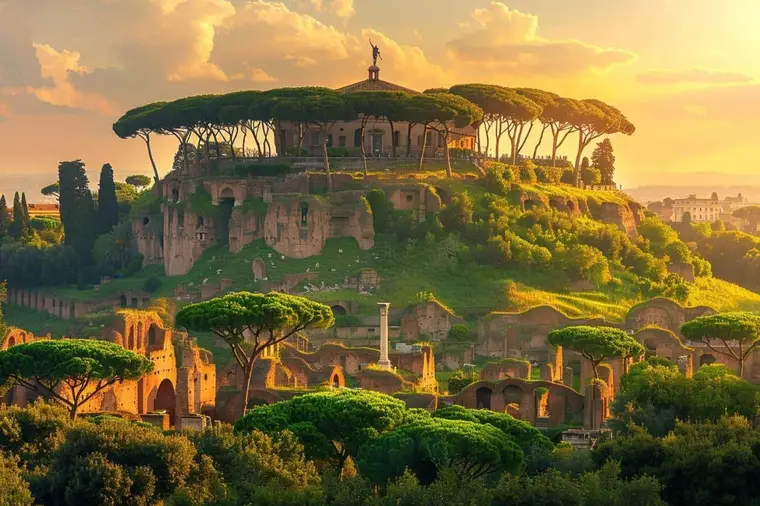 Allée bordée d’arbres sur l’Aventin avec panorama sur les toits de Rome