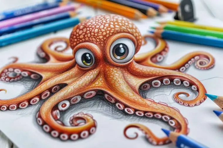 Main dessinant une pieuvre au crayon dans un carnet sur une table