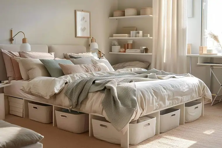 Petite chambre rangée avec lit bas, étagères murales et passage dégagé