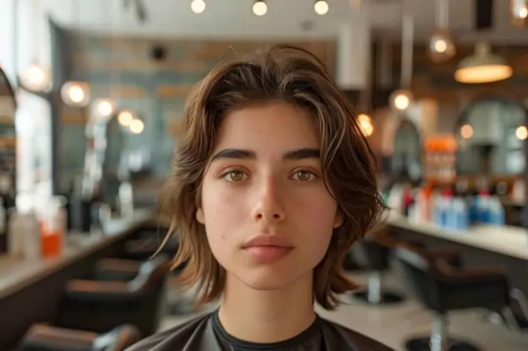Coiffeuse ajustant un carré long dégradé sur une cliente au visage ovale