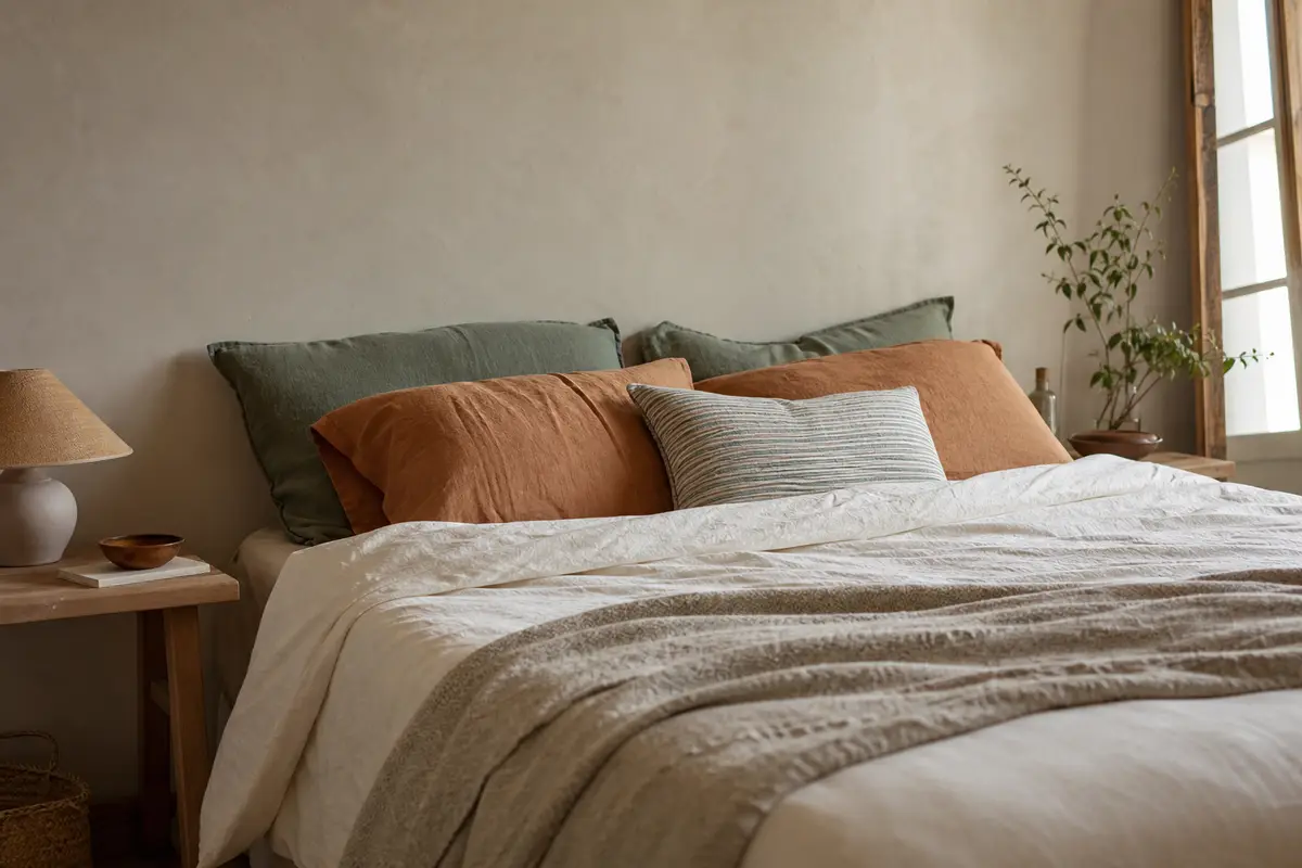 Lit double en lin écru avec taies terracotta et vert sauge