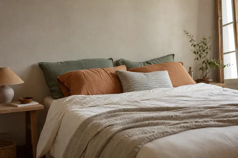 Lit double en lin écru avec taies terracotta et vert sauge