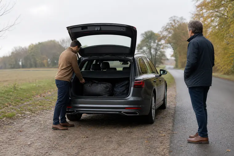 Audi A4 Avant grise avec coffre ouvert lors d’un essai d’occasion