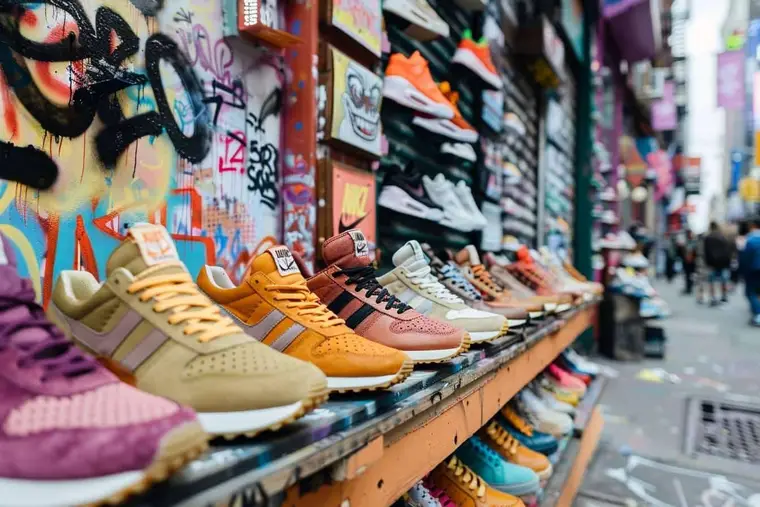 Acheteur vérifiant l’étiquette et les coutures d’une paire de sneakers neuves