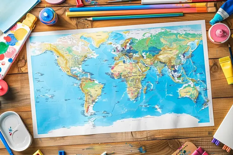 Carte du monde vierge imprimée avec crayons de couleur sur une table