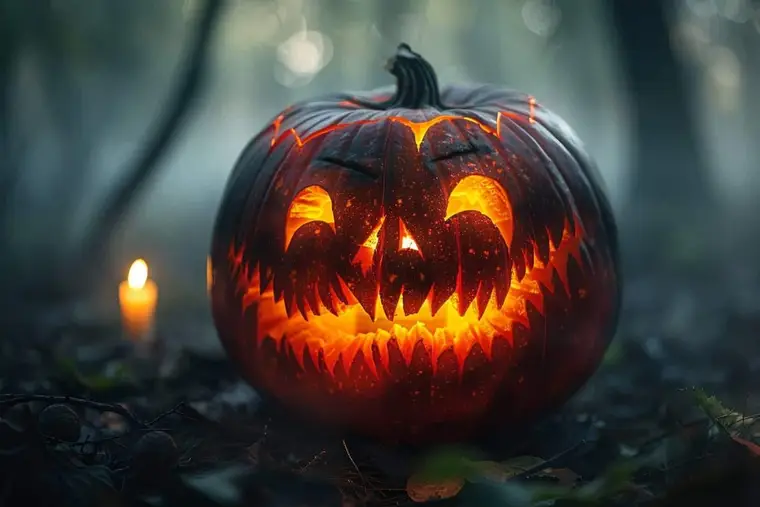 Portrait d’Halloween éclairé latéralement devant un rideau sombre