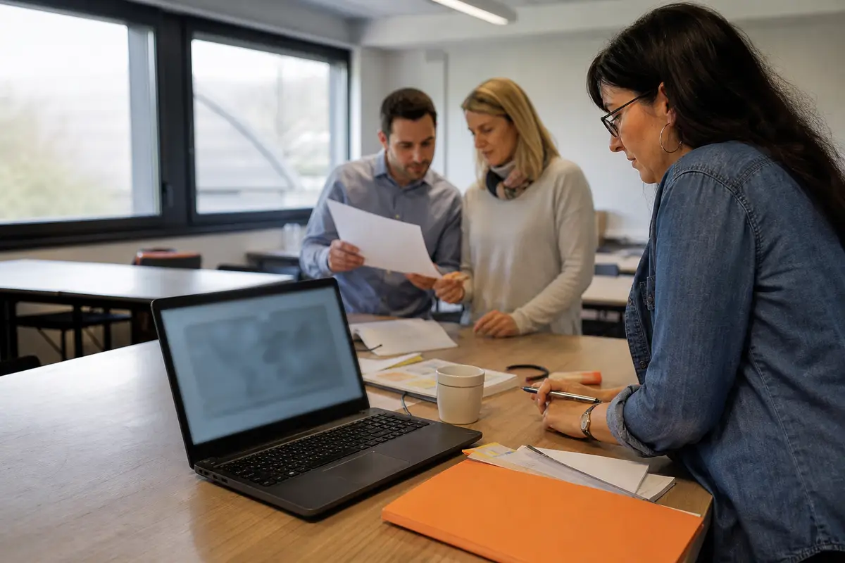 Responsable de formation préparant un parcours e-learning avec deux collègues