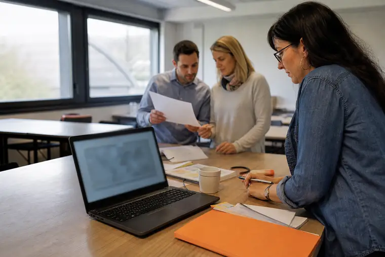 Responsable de formation préparant un parcours e-learning avec deux collègues