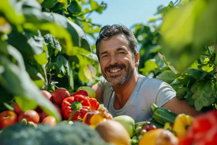 Personne vérifiant des conseils nutritionnels avec des fruits et un document médical