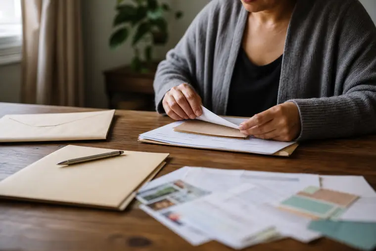 Une personne organise des documents administratifs sur une table en bois