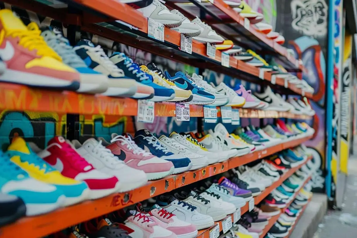 Client vérifiant une paire de sneakers neuve et sa boîte en boutique parisienne