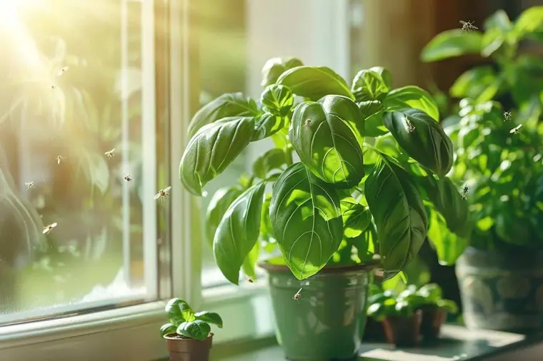 Basilic et menthe en pots près d’une fenêtre de cuisine protégée
