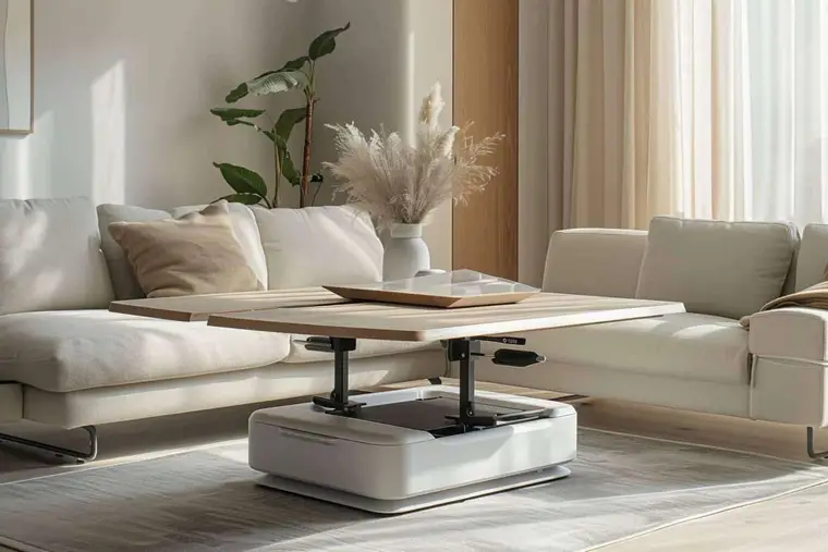 Table basse relevable ouverte devant un canapé dans un petit salon lumineux