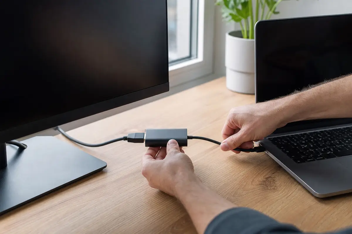 Adaptateur USB-C HDMI relié à un ordinateur portable et un écran