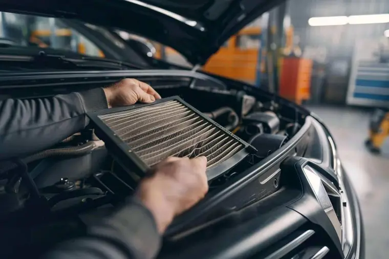 Technicien remplaçant le filtre d’habitacle sous le tableau de bord d’une voiture