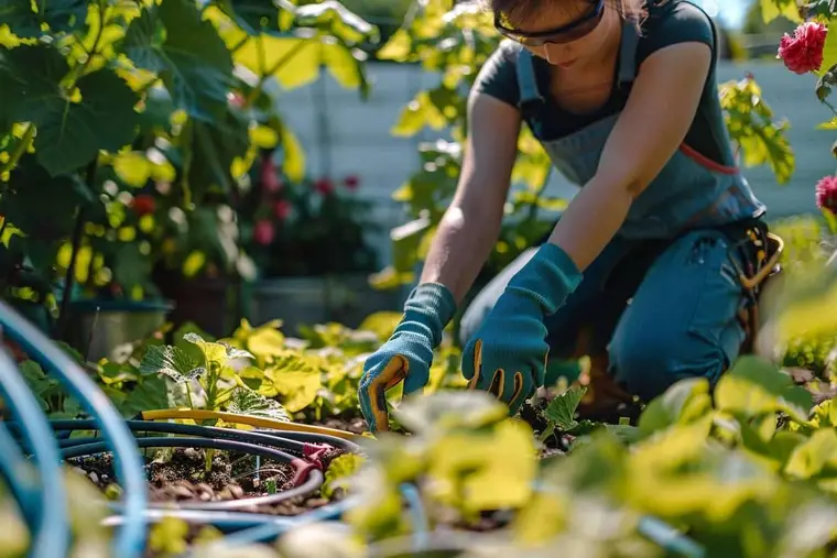 Jardinier raccordant un goutteur au pied de plants de tomates paillés