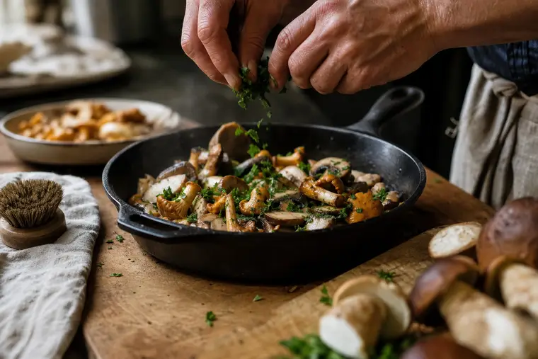 Poêlée de cèpes et girolles avec persil dans une grande poêle