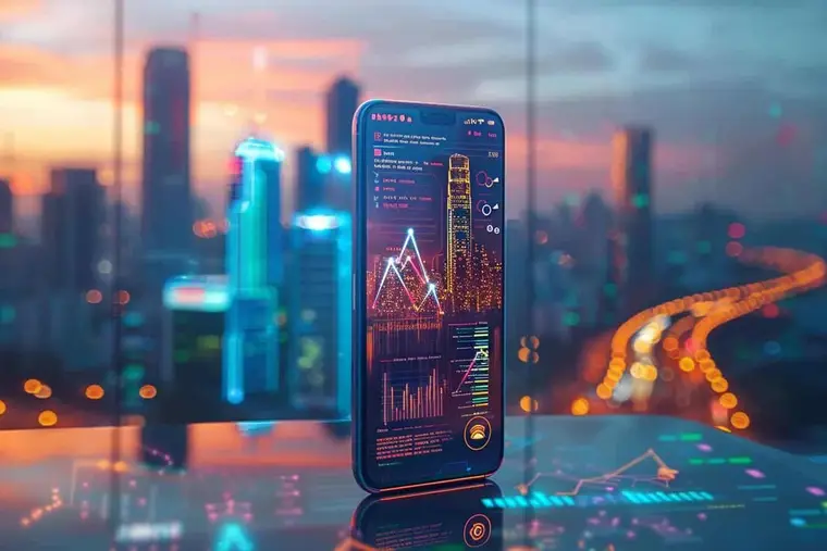 Équipe marketing analysant un parcours client sur smartphone dans un bureau