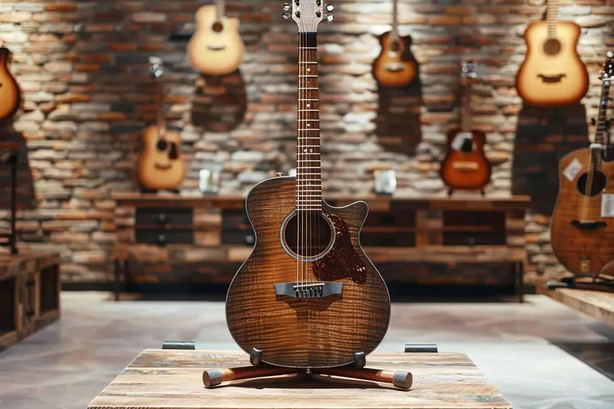 Débutant essayant une guitare acoustique en position assise dans un magasin