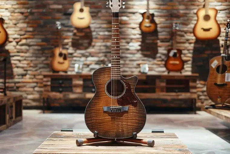 Débutant essayant une guitare acoustique en position assise dans un magasin