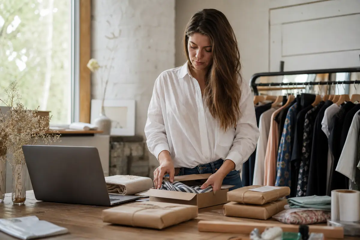 Commerçante préparant des commandes près d’un ordinateur portable dans son atelier